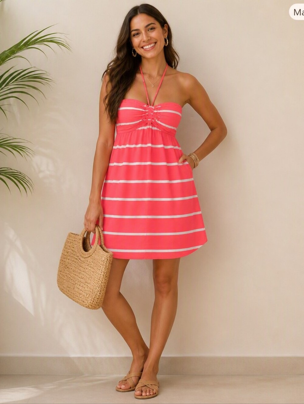 Roxy Coral and White Striped Halter High-Low Dress